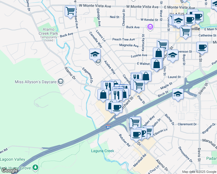 map of restaurants, bars, coffee shops, grocery stores, and more near 720 South Orchard Avenue in Vacaville