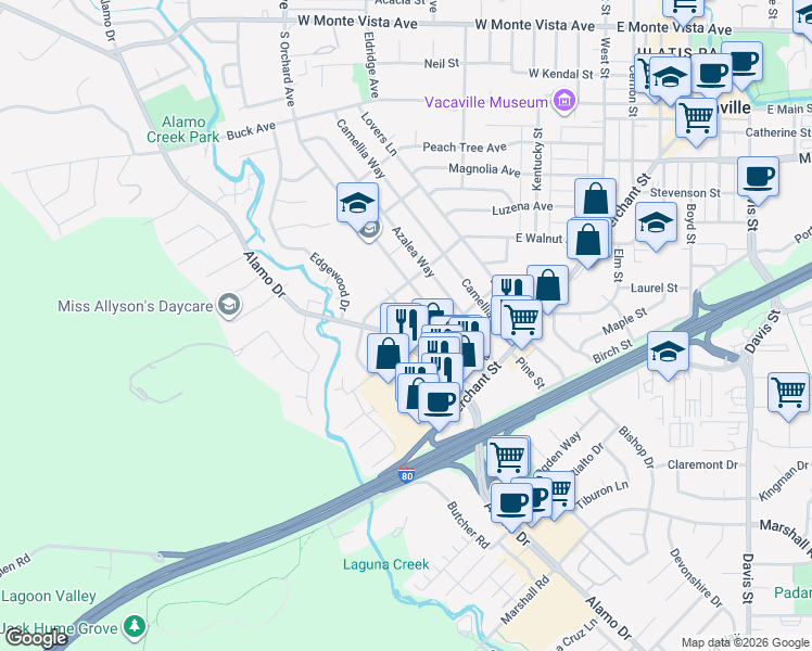 map of restaurants, bars, coffee shops, grocery stores, and more near 720 South Orchard Avenue in Vacaville