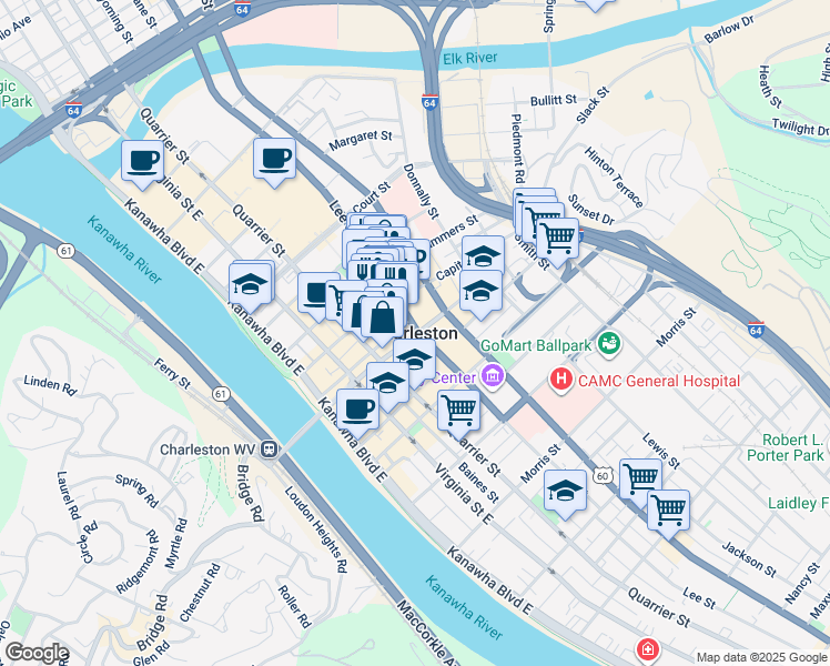 map of restaurants, bars, coffee shops, grocery stores, and more near in Charleston