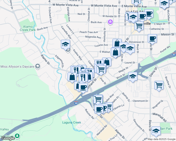 map of restaurants, bars, coffee shops, grocery stores, and more near 601 Albacete Drive in Vacaville