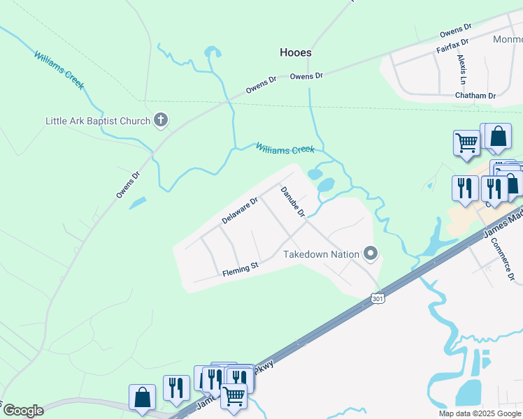 map of restaurants, bars, coffee shops, grocery stores, and more near 4308 Chesapeake Place in King George