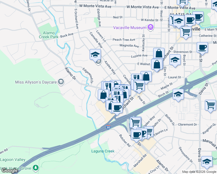 map of restaurants, bars, coffee shops, grocery stores, and more near 720 South Orchard Avenue in Vacaville