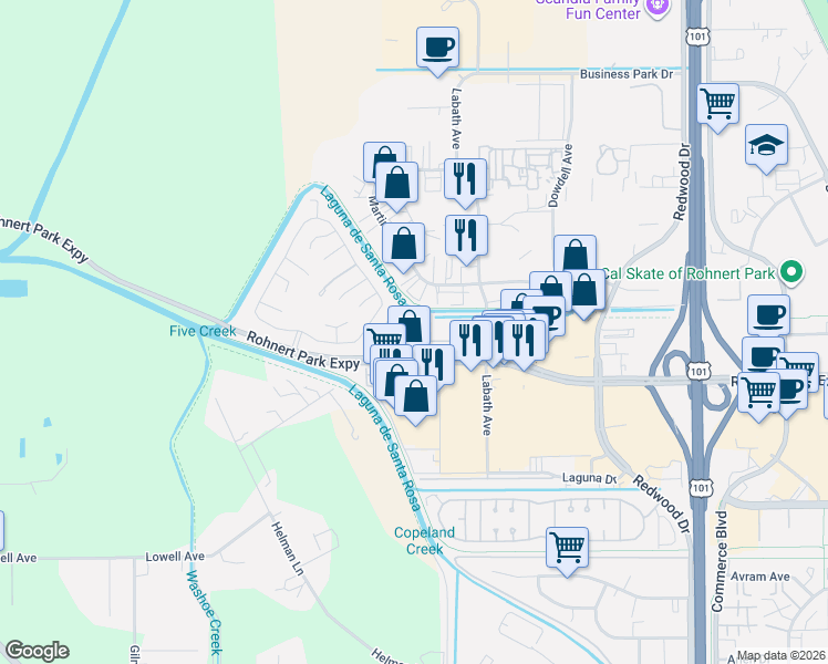 map of restaurants, bars, coffee shops, grocery stores, and more near 600 Rohnert Park Expressway in Rohnert Park