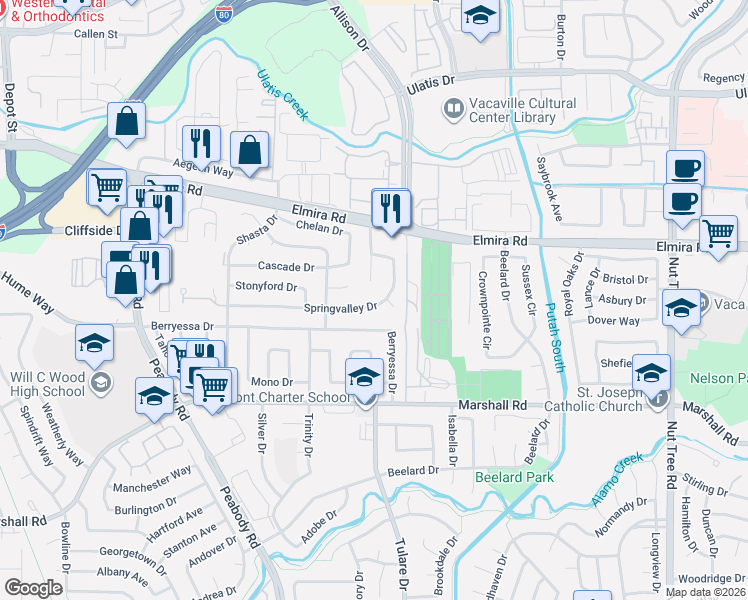 map of restaurants, bars, coffee shops, grocery stores, and more near 349 Springvalley Drive in Vacaville