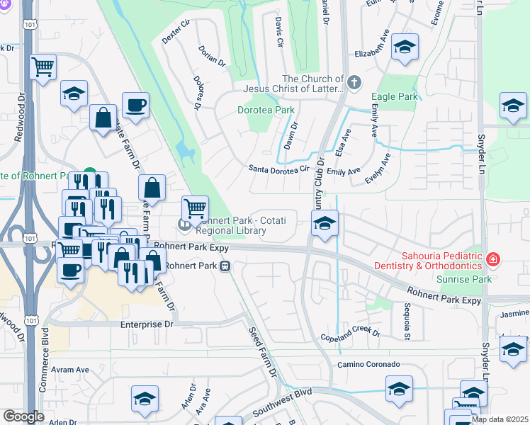 map of restaurants, bars, coffee shops, grocery stores, and more near 701 Racquet Club Circle in Rohnert Park