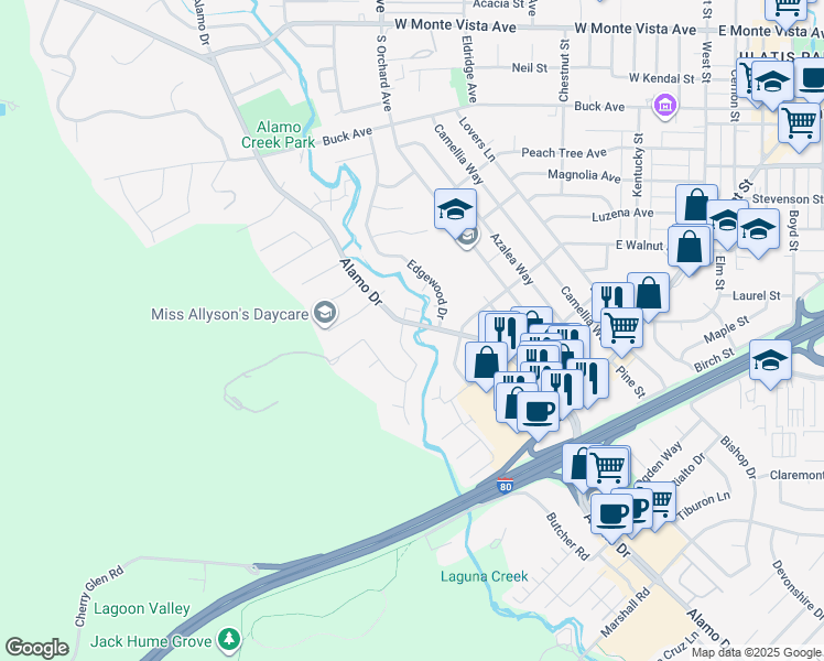 map of restaurants, bars, coffee shops, grocery stores, and more near 569 Alamo Drive in Vacaville