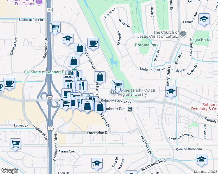 map of restaurants, bars, coffee shops, grocery stores, and more near 420 City Center Drive in Rohnert Park
