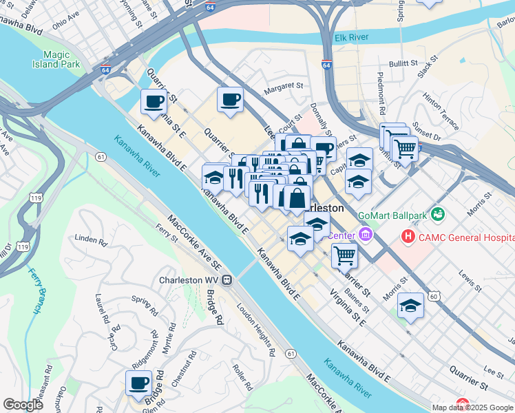 map of restaurants, bars, coffee shops, grocery stores, and more near 129 Summers Street in Charleston