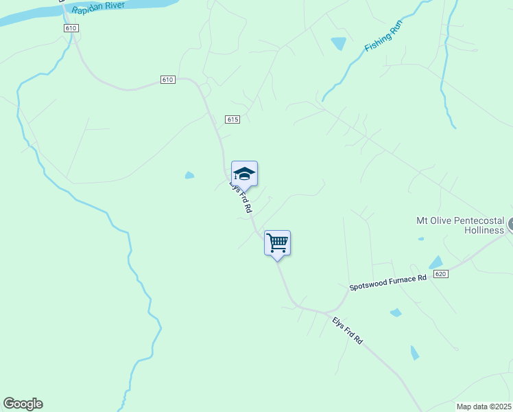 map of restaurants, bars, coffee shops, grocery stores, and more near 10221 Elys Ford Road in Fredericksburg