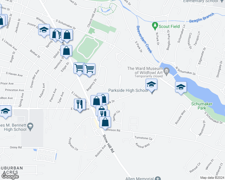 map of restaurants, bars, coffee shops, grocery stores, and more near 802 College Lane in Salisbury