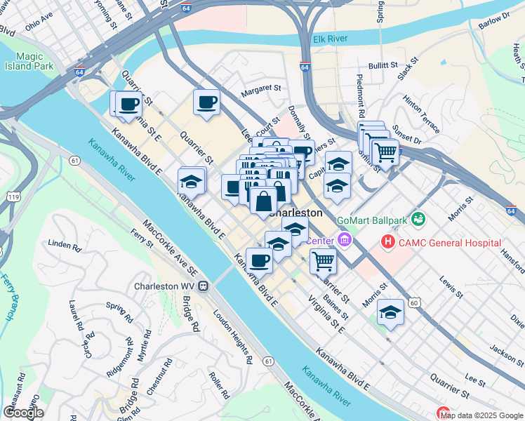 map of restaurants, bars, coffee shops, grocery stores, and more near 221 Capitol Street in Charleston