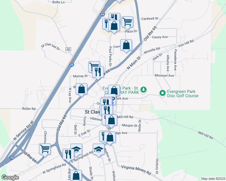 map of restaurants, bars, coffee shops, grocery stores, and more near 160 North Main Street in Saint Clair