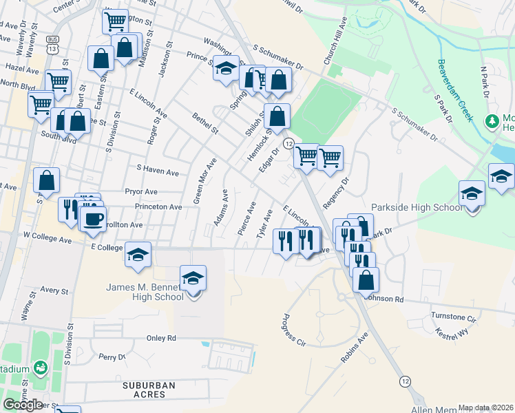 map of restaurants, bars, coffee shops, grocery stores, and more near 1007 Pierce Avenue in Salisbury
