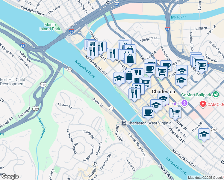 map of restaurants, bars, coffee shops, grocery stores, and more near in Charleston