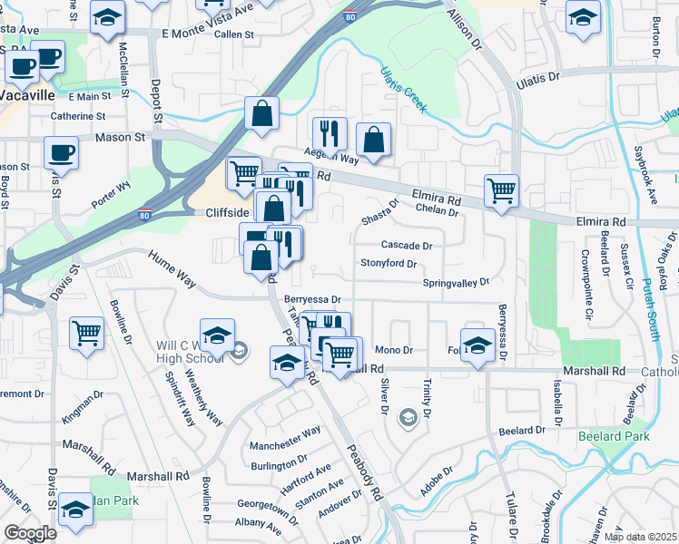 map of restaurants, bars, coffee shops, grocery stores, and more near in Vacaville