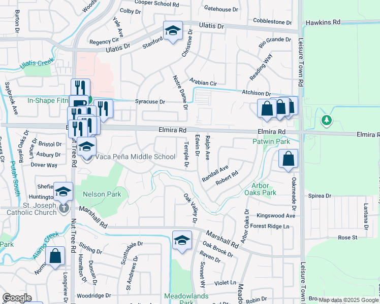 map of restaurants, bars, coffee shops, grocery stores, and more near 427 Temple Drive in Vacaville