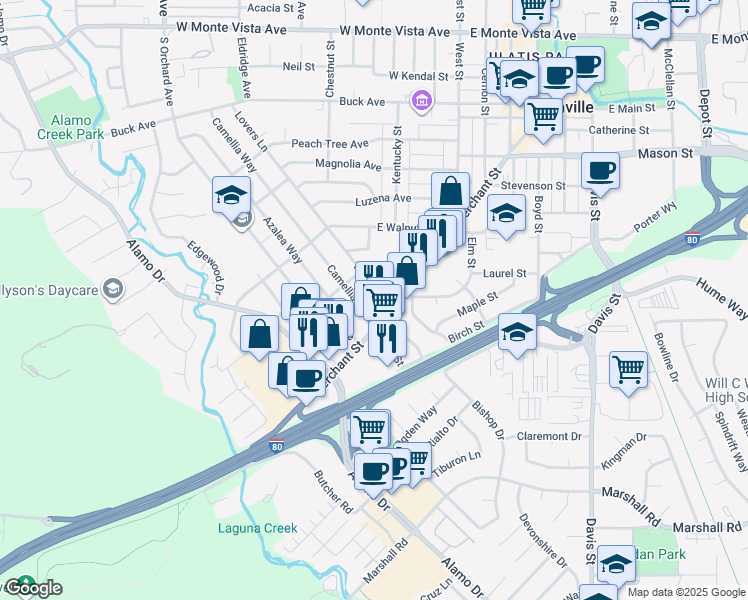 map of restaurants, bars, coffee shops, grocery stores, and more near 811 Camellia Way in Vacaville