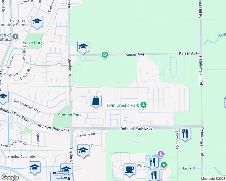 map of restaurants, bars, coffee shops, grocery stores, and more near 5600 King Place in Rohnert Park