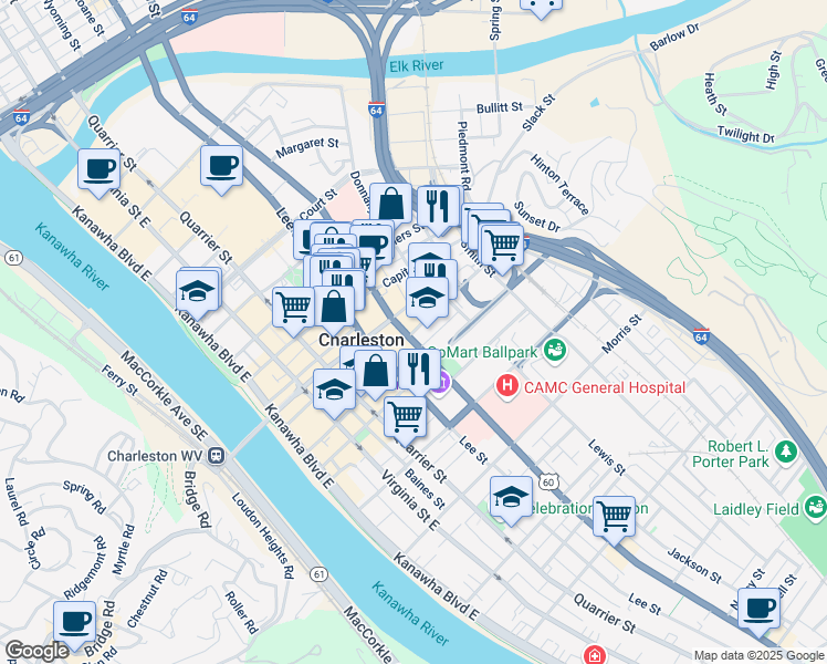 map of restaurants, bars, coffee shops, grocery stores, and more near 413 Shrewsbury Street in Charleston