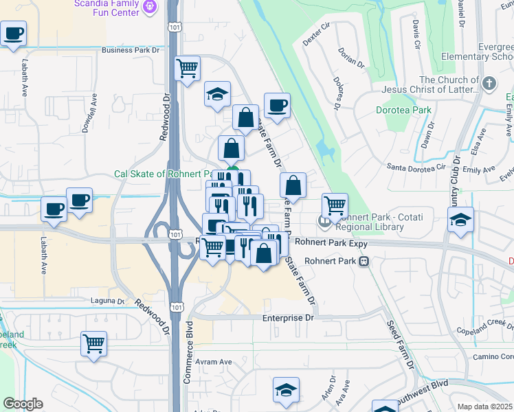 map of restaurants, bars, coffee shops, grocery stores, and more near 312 City Center Drive in Rohnert Park