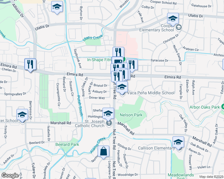 map of restaurants, bars, coffee shops, grocery stores, and more near 341 Hanover Way in Vacaville