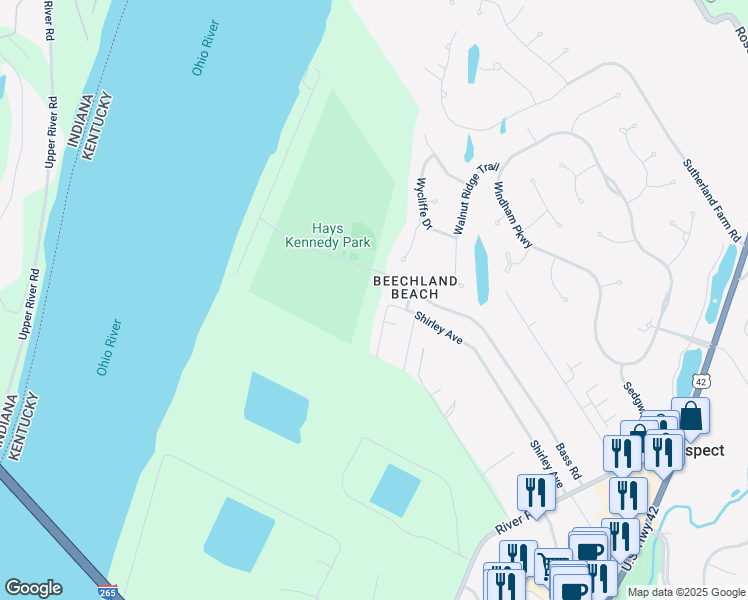 map of restaurants, bars, coffee shops, grocery stores, and more near 6300 Bass Road in Prospect