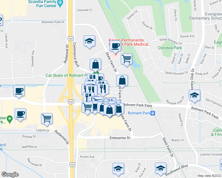 map of restaurants, bars, coffee shops, grocery stores, and more near 344 City Center Drive in Rohnert Park