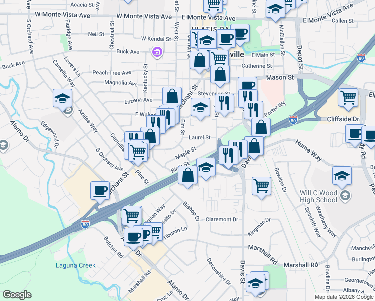 map of restaurants, bars, coffee shops, grocery stores, and more near 110 Maple Street in Vacaville