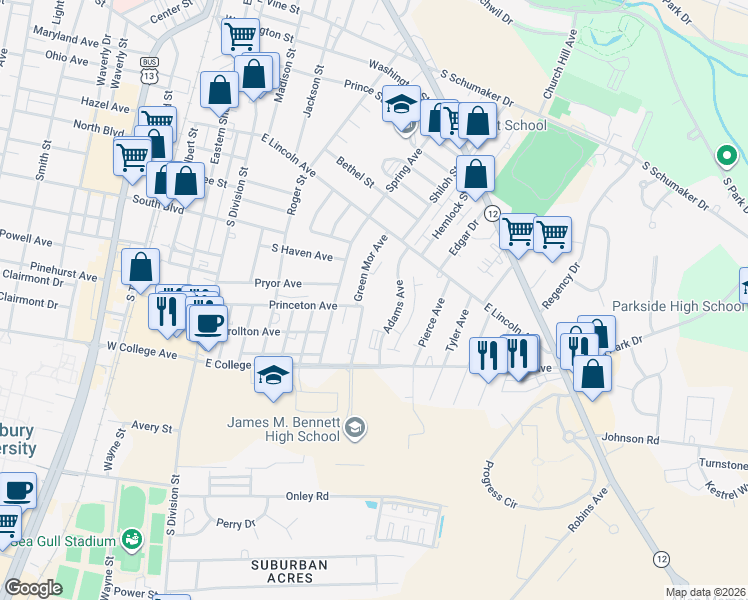 map of restaurants, bars, coffee shops, grocery stores, and more near 1024 Adams Avenue in Salisbury