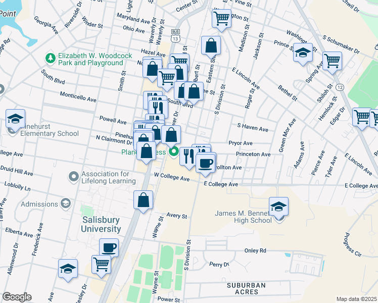 map of restaurants, bars, coffee shops, grocery stores, and more near 101 Williamsport Circle in Salisbury