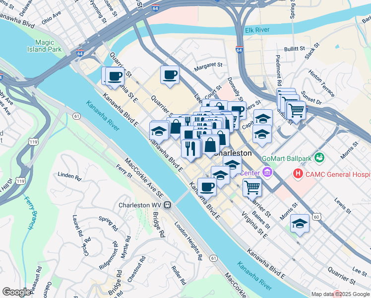 map of restaurants, bars, coffee shops, grocery stores, and more near 129 Summers Street in Charleston