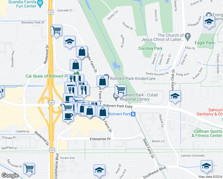 map of restaurants, bars, coffee shops, grocery stores, and more near 420 City Center Drive in Rohnert Park