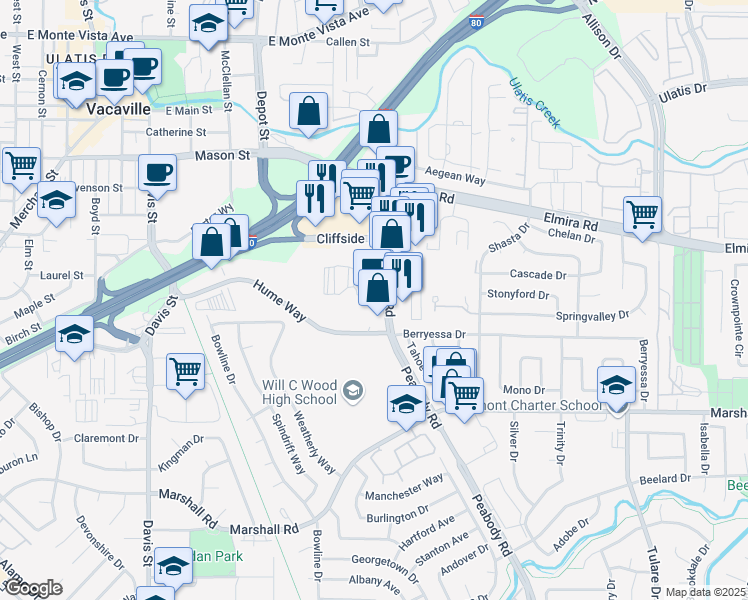 map of restaurants, bars, coffee shops, grocery stores, and more near 210 Peabody Road in Vacaville