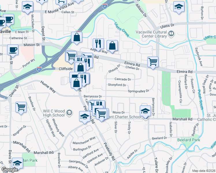 map of restaurants, bars, coffee shops, grocery stores, and more near 200 Stonyford Drive in Vacaville
