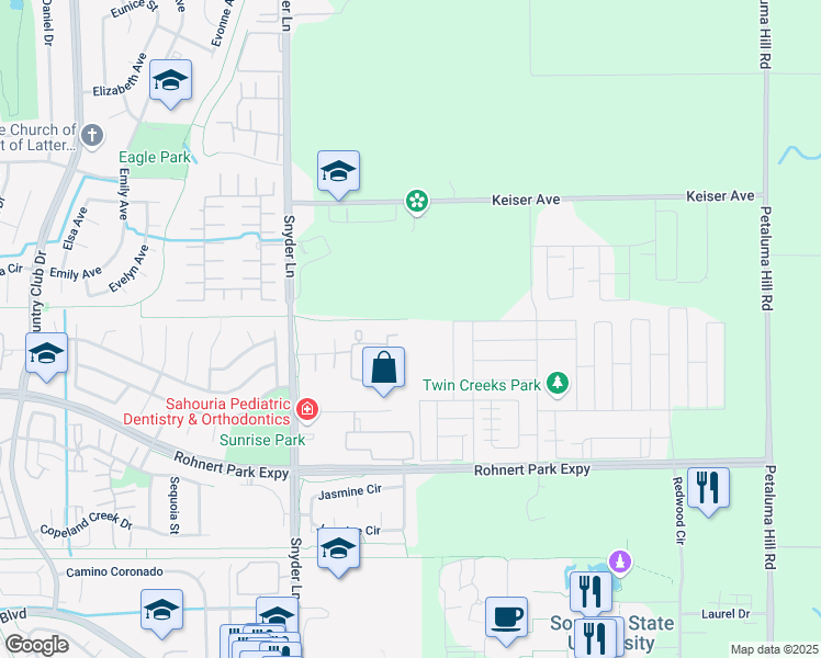 map of restaurants, bars, coffee shops, grocery stores, and more near 1458 Parkway Drive in Rohnert Park