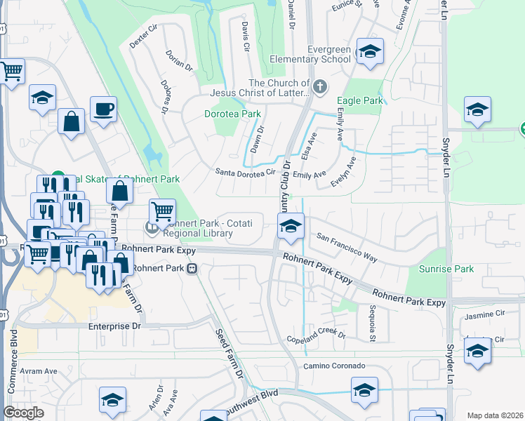 map of restaurants, bars, coffee shops, grocery stores, and more near 756 Racquet Club Circle in Rohnert Park