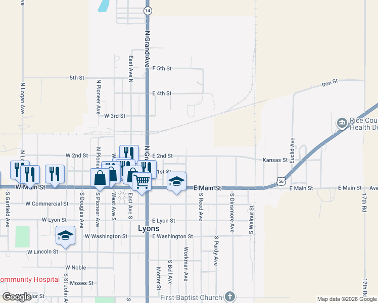 map of restaurants, bars, coffee shops, grocery stores, and more near North Grant Avenue in Lyons