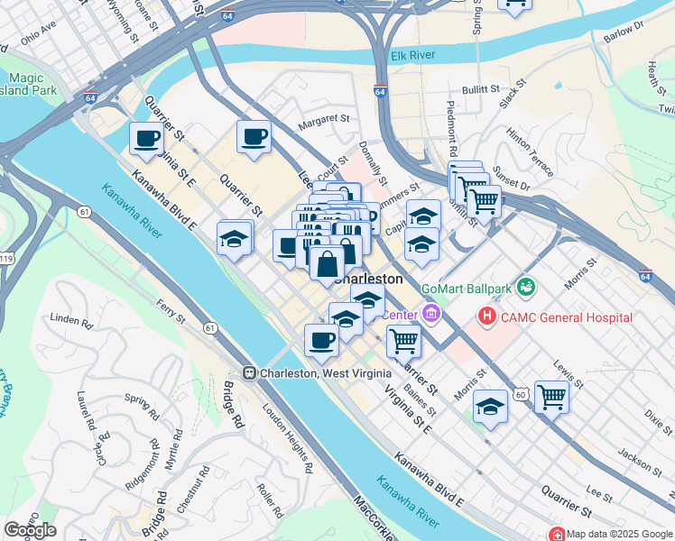 map of restaurants, bars, coffee shops, grocery stores, and more near 221 Capitol Street in Charleston
