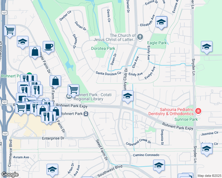 map of restaurants, bars, coffee shops, grocery stores, and more near 756 Racquet Club Circle in Rohnert Park