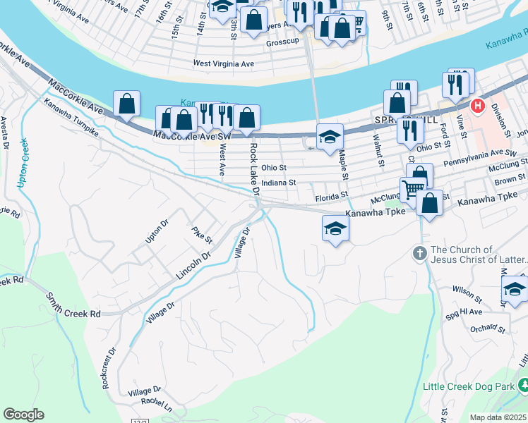 map of restaurants, bars, coffee shops, grocery stores, and more near 5036-5498 Kanawha Turnpike in South Charleston