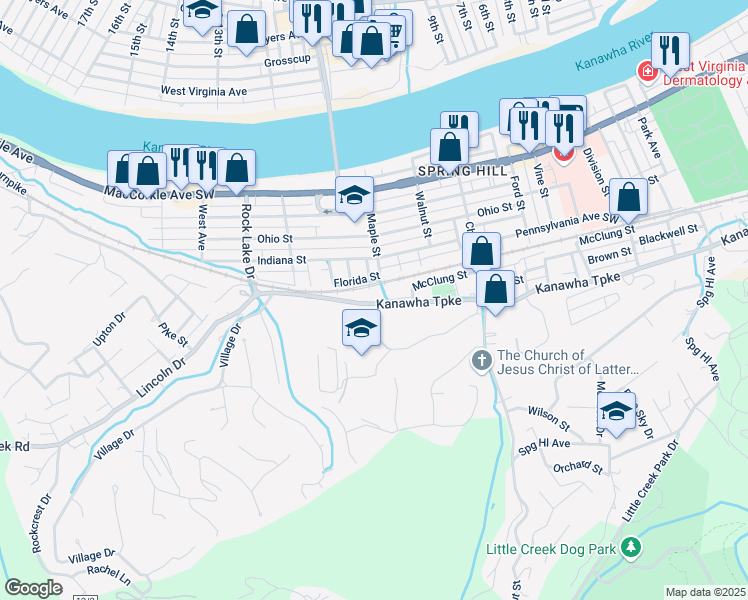 map of restaurants, bars, coffee shops, grocery stores, and more near 5036 Kanawha Turnpike in South Charleston