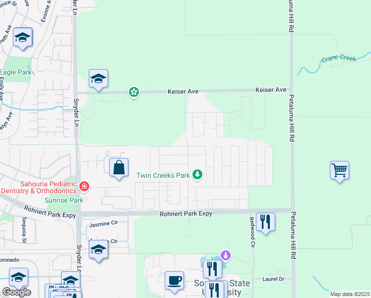map of restaurants, bars, coffee shops, grocery stores, and more near 1453 Kincade Place in Rohnert Park