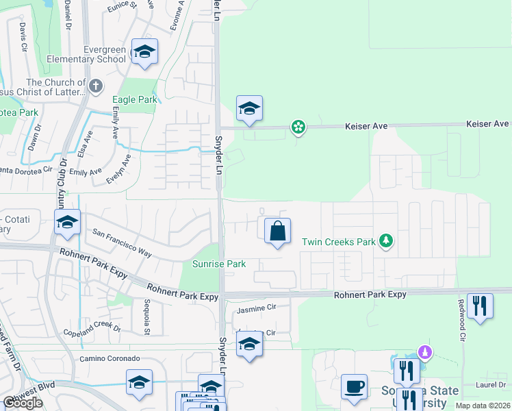map of restaurants, bars, coffee shops, grocery stores, and more near 1408 Parkway Drive in Rohnert Park