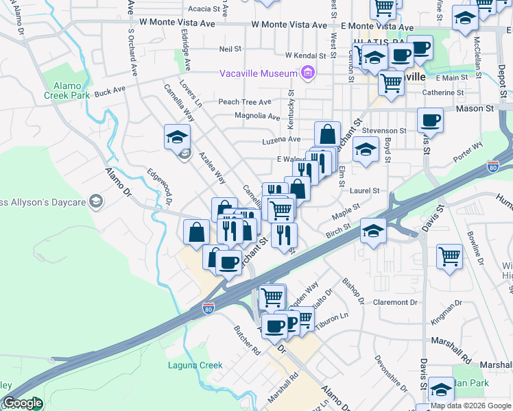 map of restaurants, bars, coffee shops, grocery stores, and more near 810 Camellia Way in Vacaville