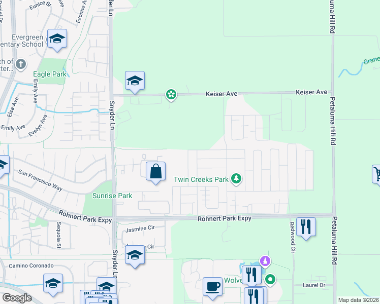 map of restaurants, bars, coffee shops, grocery stores, and more near 5600 King Place in Rohnert Park