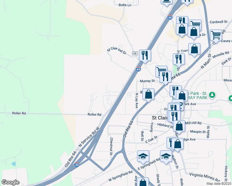 map of restaurants, bars, coffee shops, grocery stores, and more near 2273 North Service Road West in Saint Clair