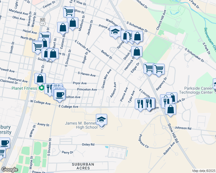 map of restaurants, bars, coffee shops, grocery stores, and more near 1024 Adams Avenue in Salisbury