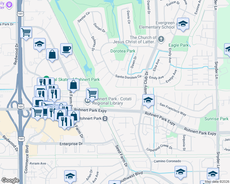map of restaurants, bars, coffee shops, grocery stores, and more near 662 Racquet Club Circle in Rohnert Park