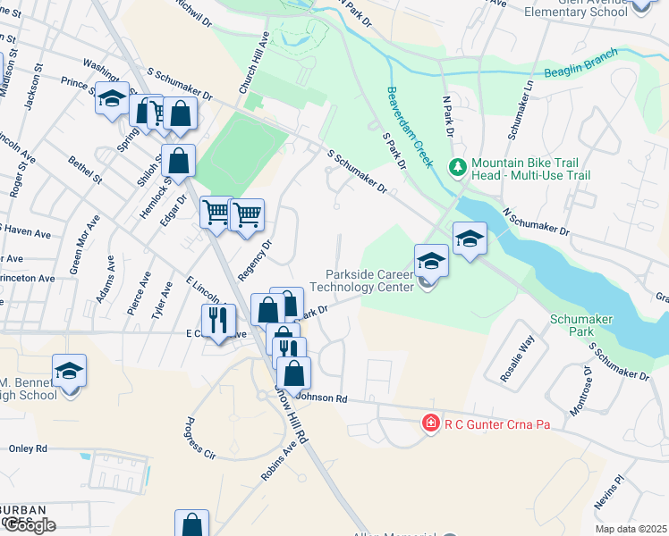 map of restaurants, bars, coffee shops, grocery stores, and more near 802 College Lane in Salisbury