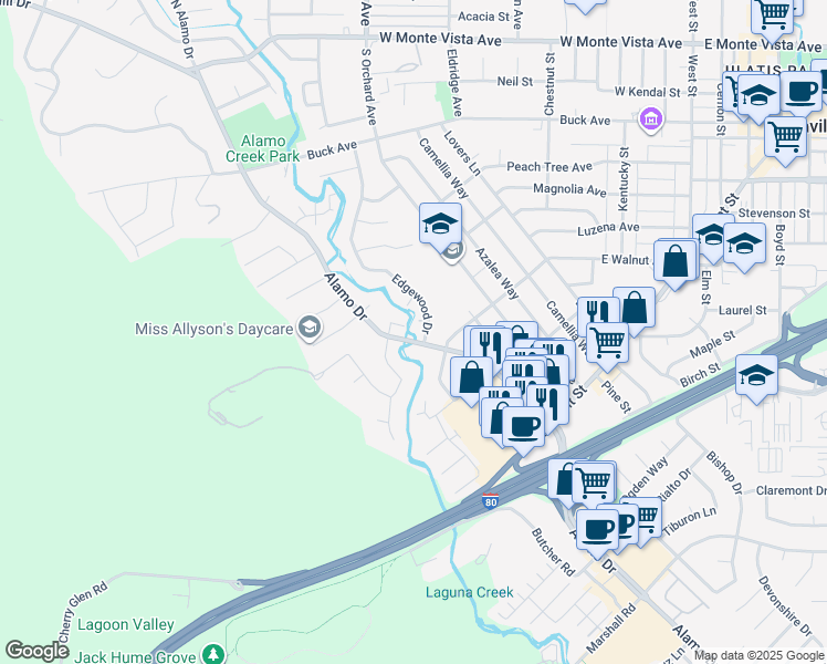 map of restaurants, bars, coffee shops, grocery stores, and more near 651 Alamo Drive in Vacaville